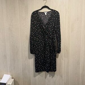 London Times Black Long Sleeve Dress with Blue and White Dots